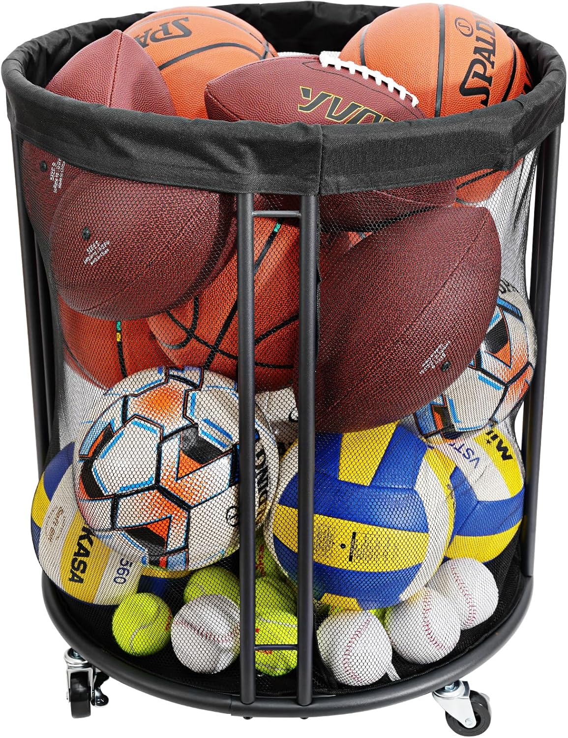 Ball Storage Bin for Garage, Rolling Basketball Rack for Indoor
