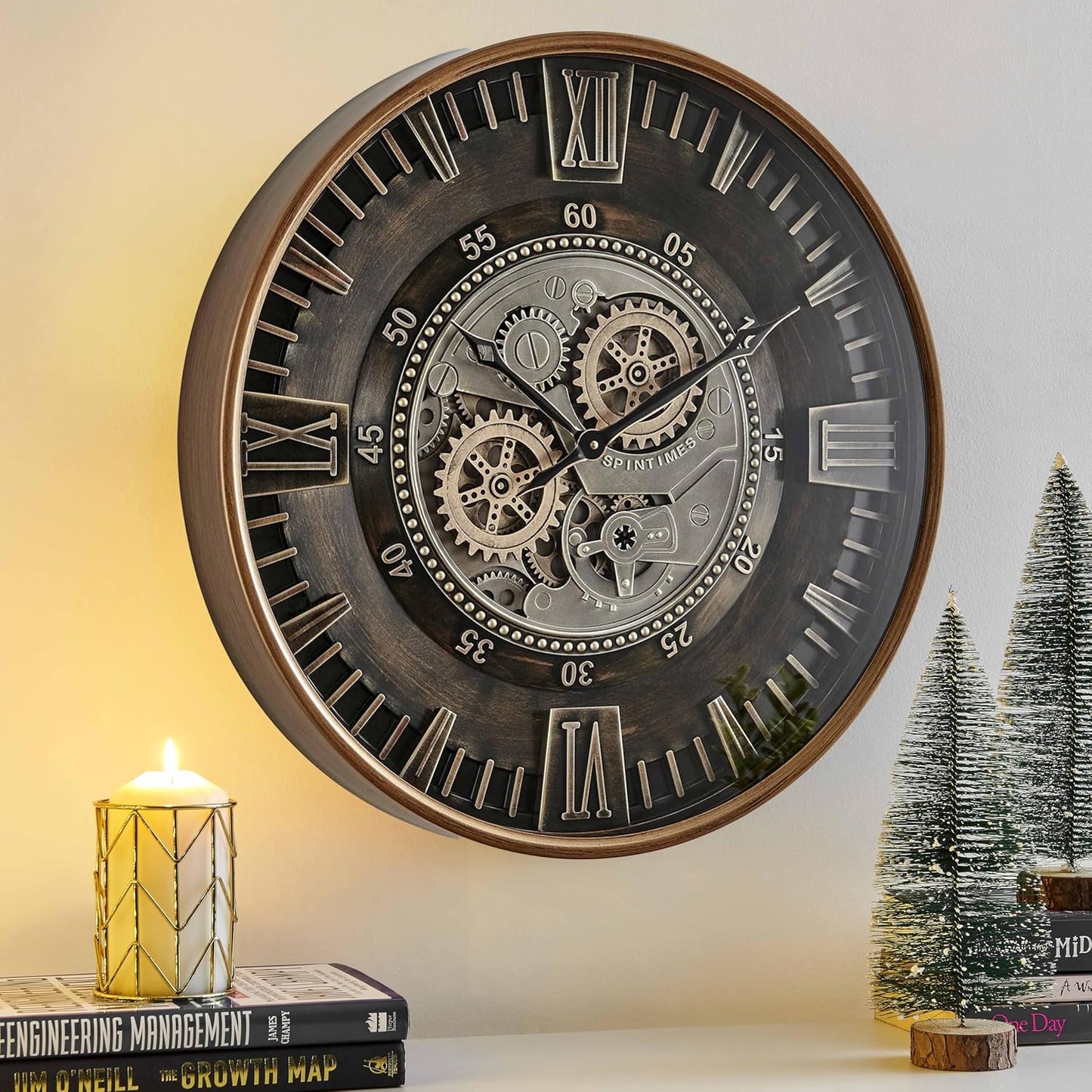 24 Inch Large Moving Gear Wall Clock for Farmhouse Decor
