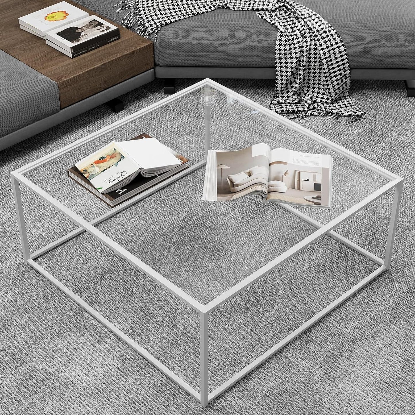 Modern Square Glass Coffee Table for Small Spaces, 27 x 27In