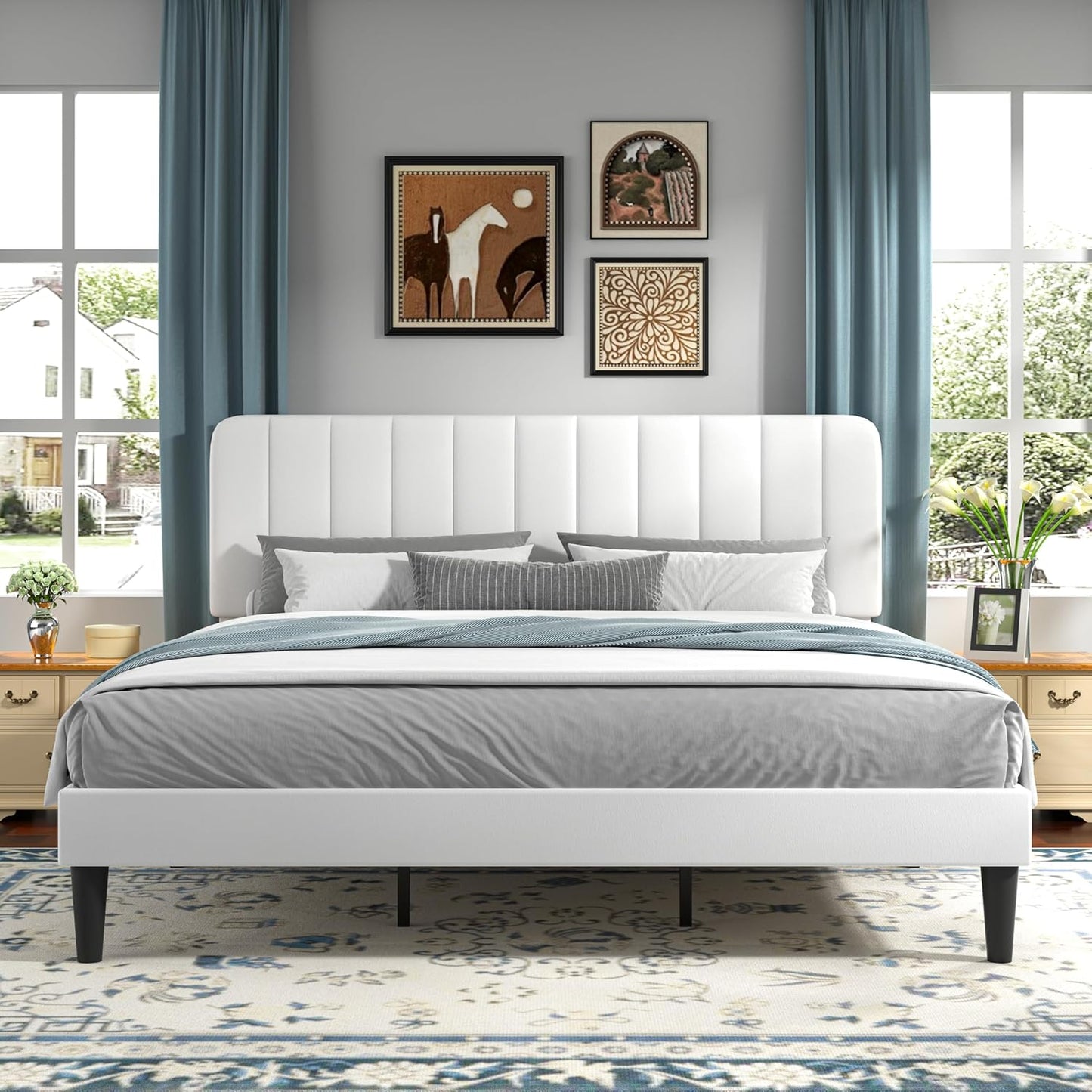 VECELO King Size Bed Frame with Upholstered Headboard for Comfort