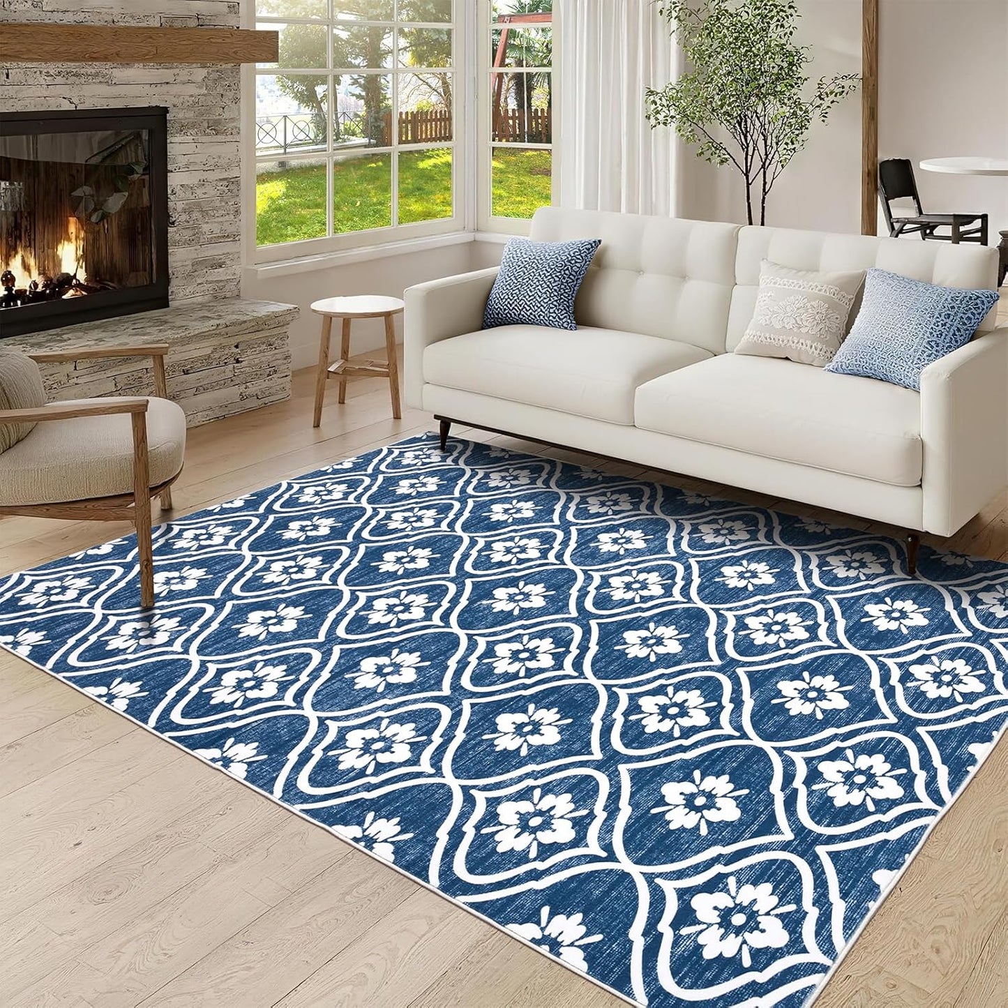 5x7 Washable Blue Rug for Living Room with Geometric Design
