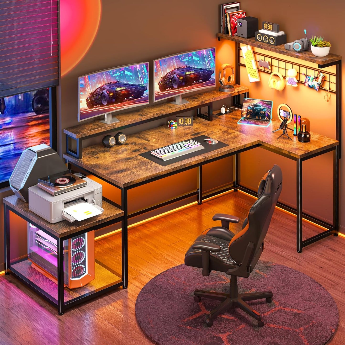 XL L-Shaped Gaming Desk with LED Light & Storage