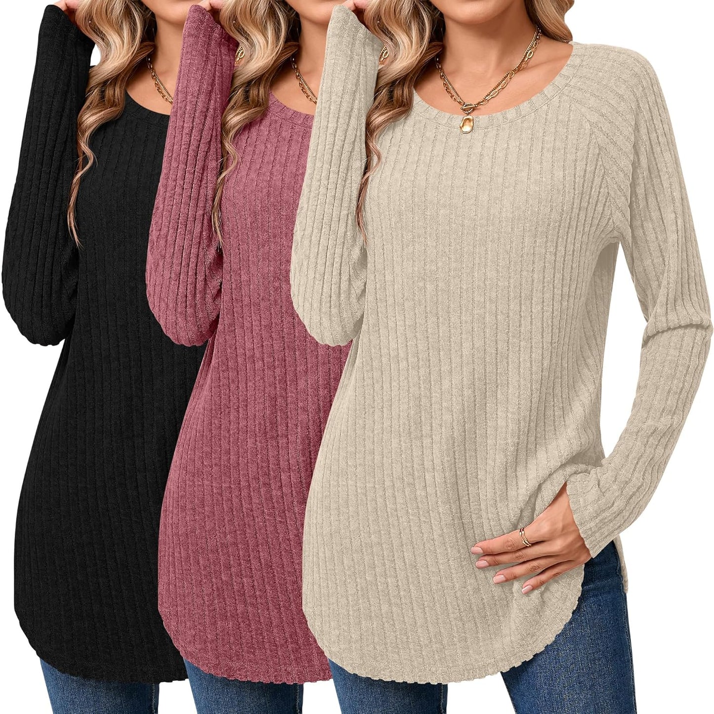 Ficerd Women's Curved Hem Long Sleeve Sweaters - 3 Pack Tunics