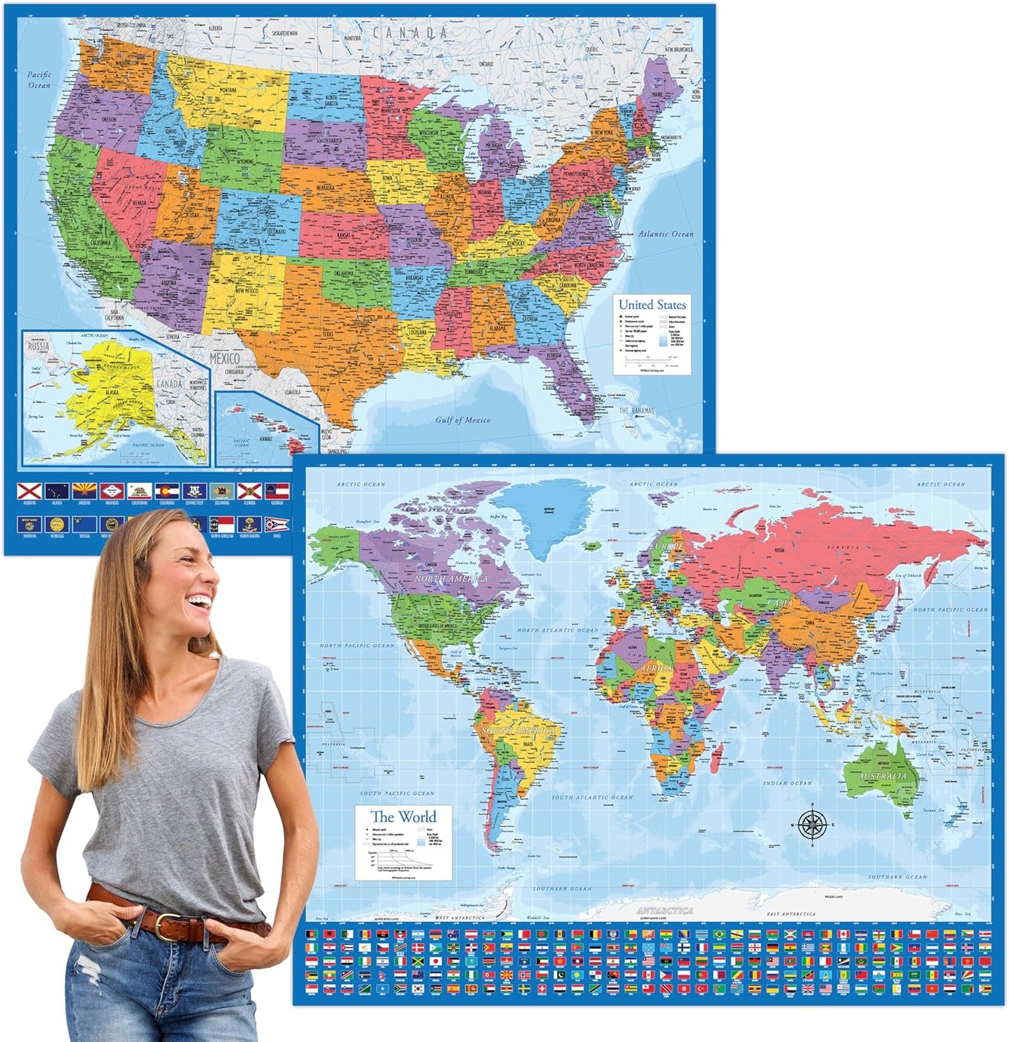 Giant World Map & US Map Poster Set - Extra Large 46in x 60in