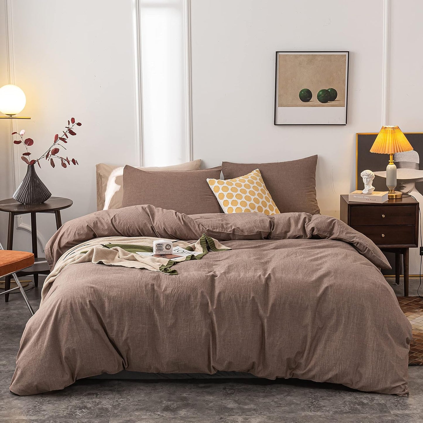 Washed Cotton Duvet Cover Queen Set Ultra Soft Coffee Color