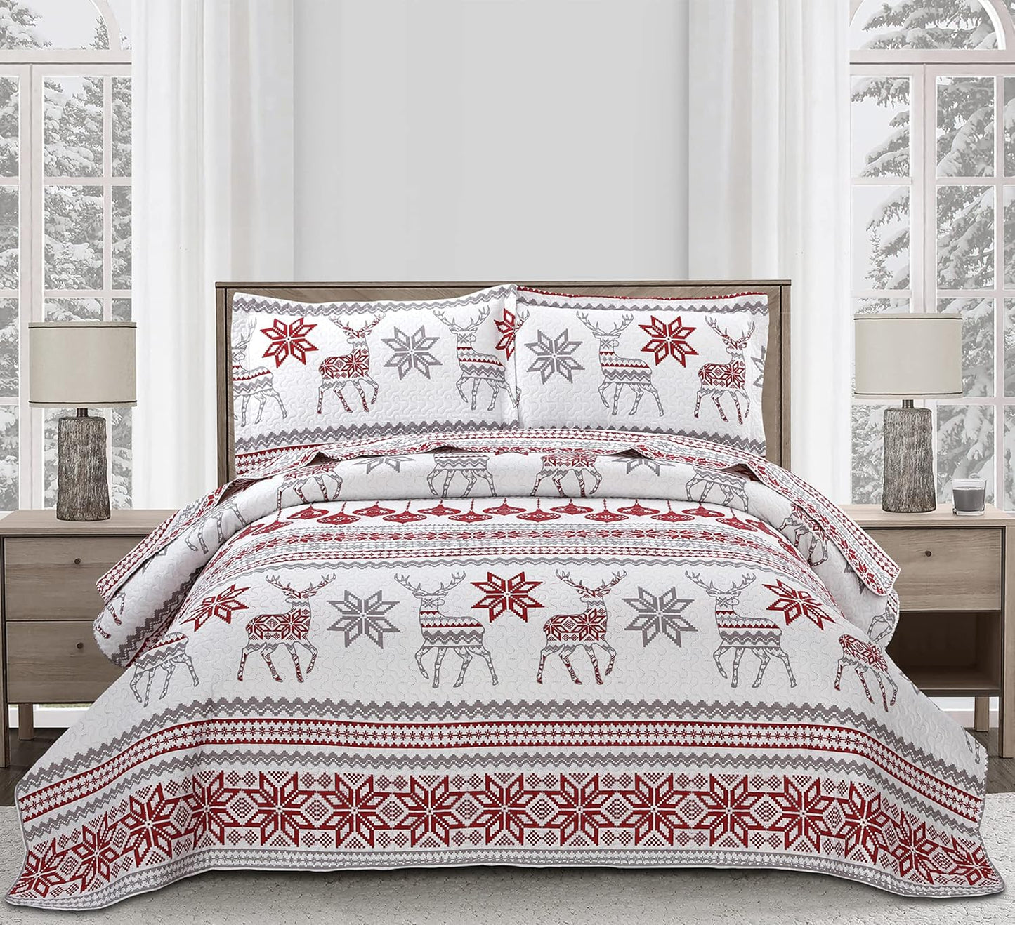 Christmas Quilt Set King Size Soft Lightweight Bedding Red White