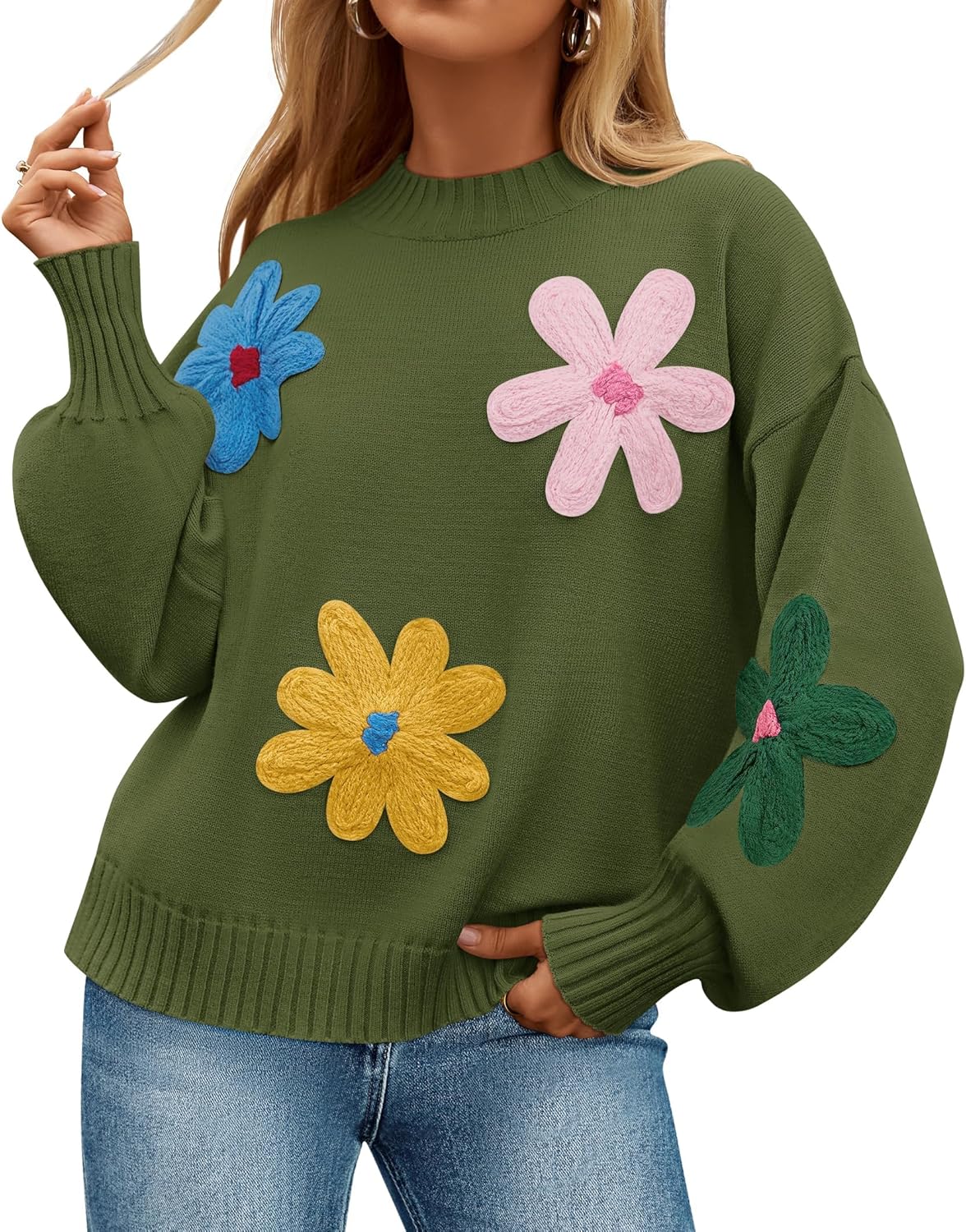 ZESICA Women's Long Puff Sleeve Sweater for Casual Style