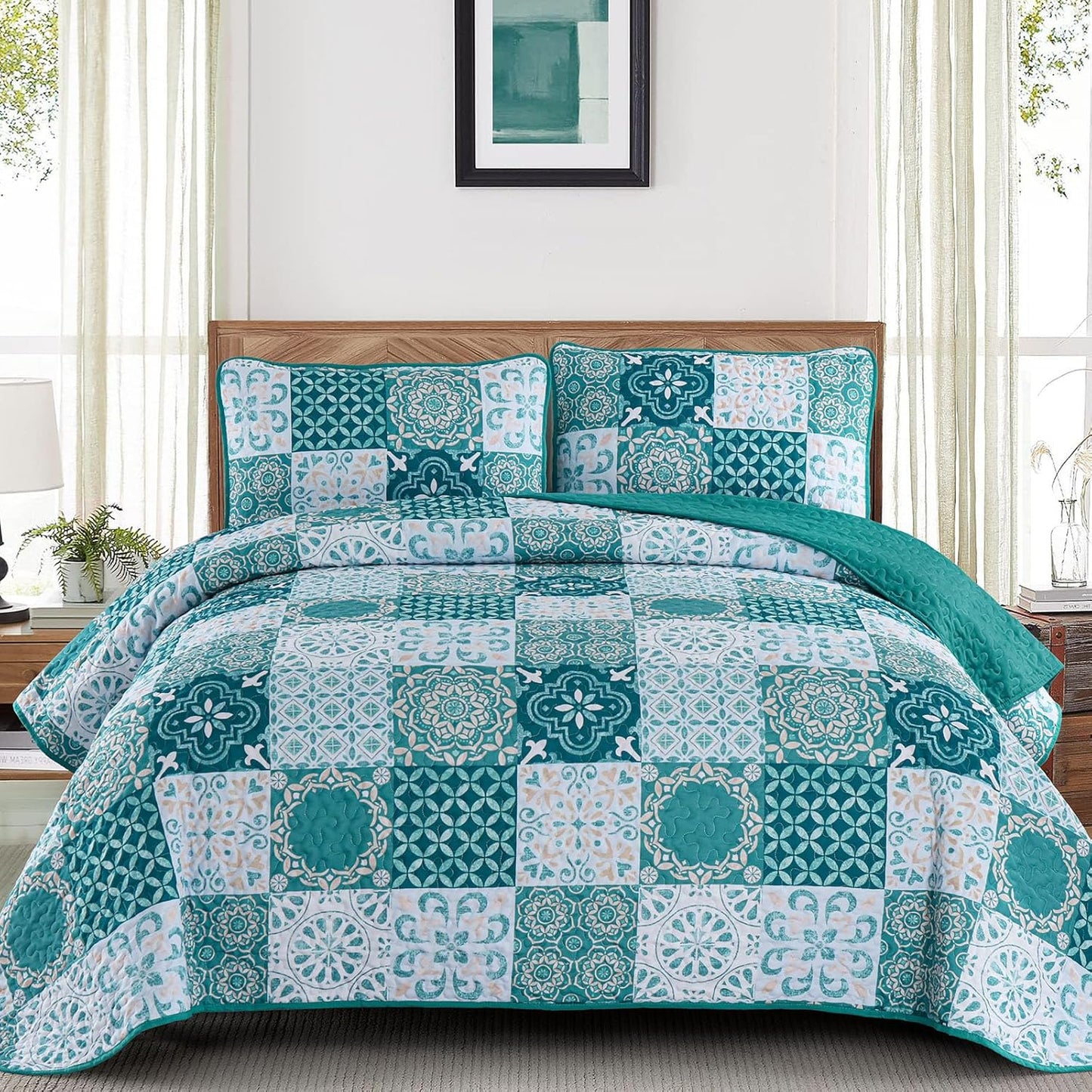 Boho Turquoise Plaid Patchwork Quilt Set for Queen Size Beds