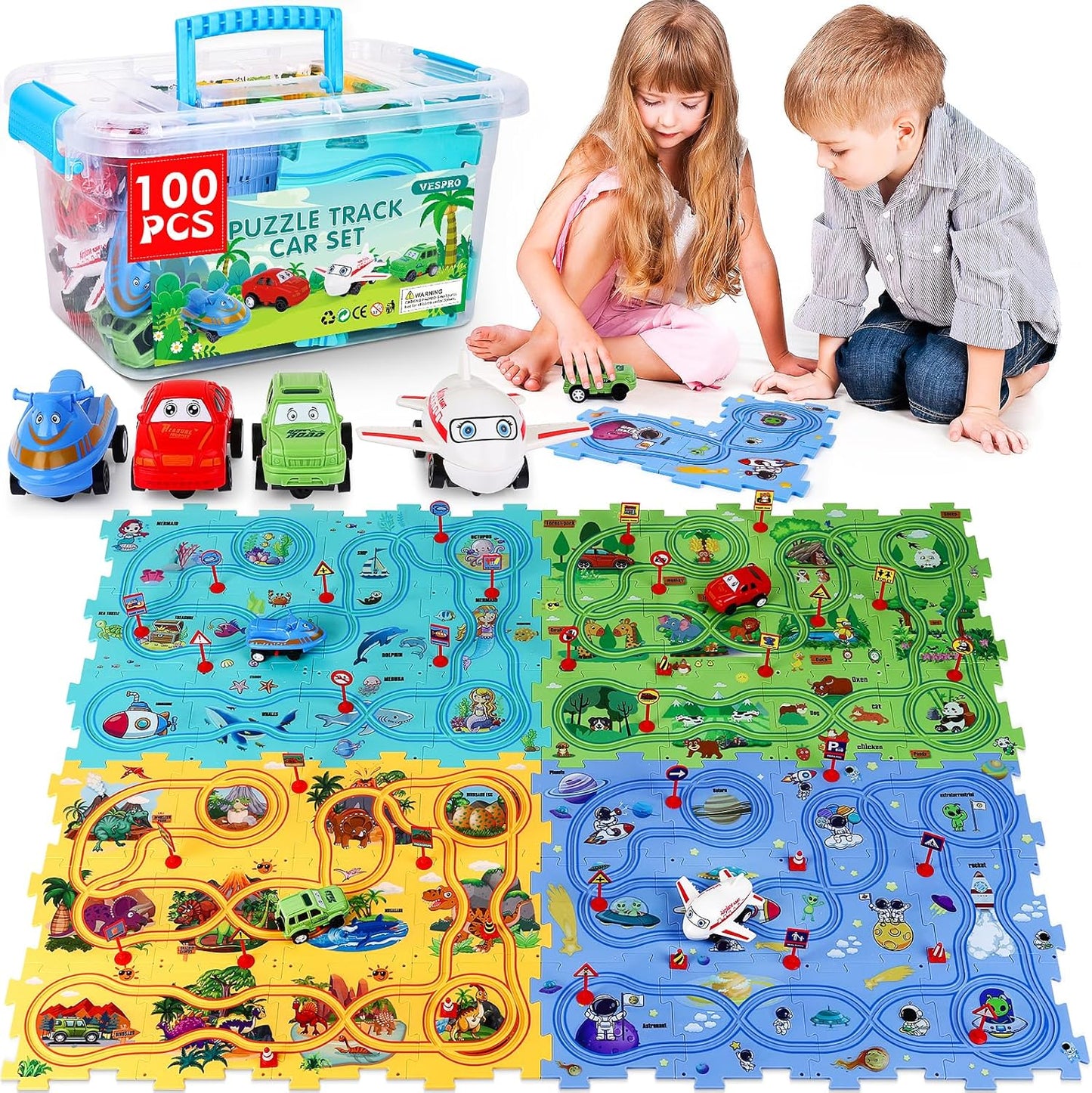 VESPRO Kids Car Track Set - 100PCS Educational Puzzle Racer