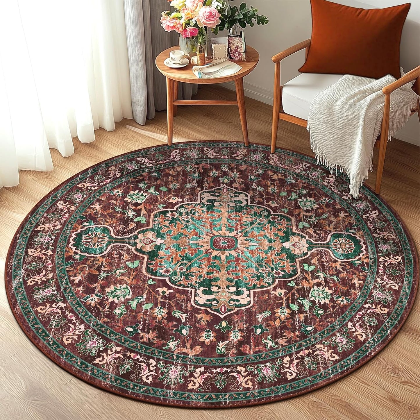 U'Artlines Boho Vintage Round Area Rug 4ft for Living Room