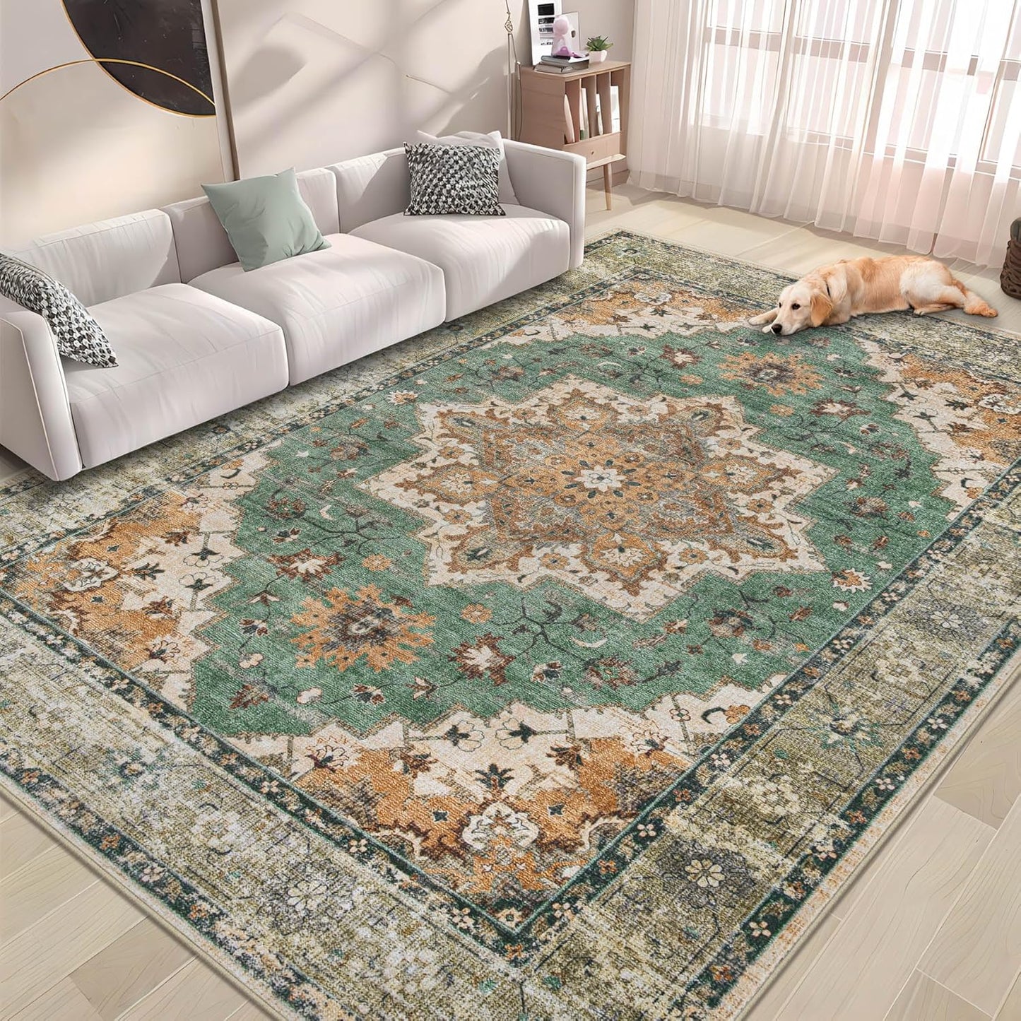 Vintage Area Rug 5x7: Washable Medallion Carpet for Home