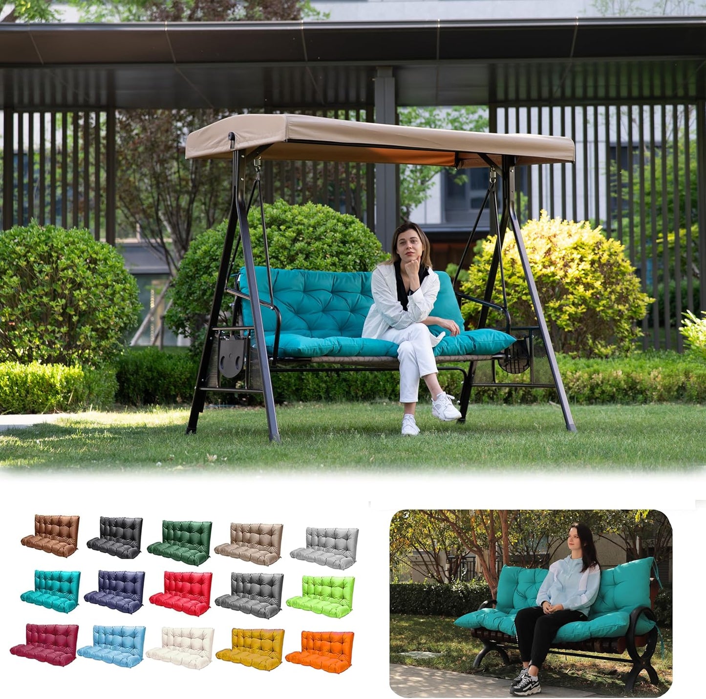 Porch Swing Cushions for 3 Seater with Backrest, Waterproof