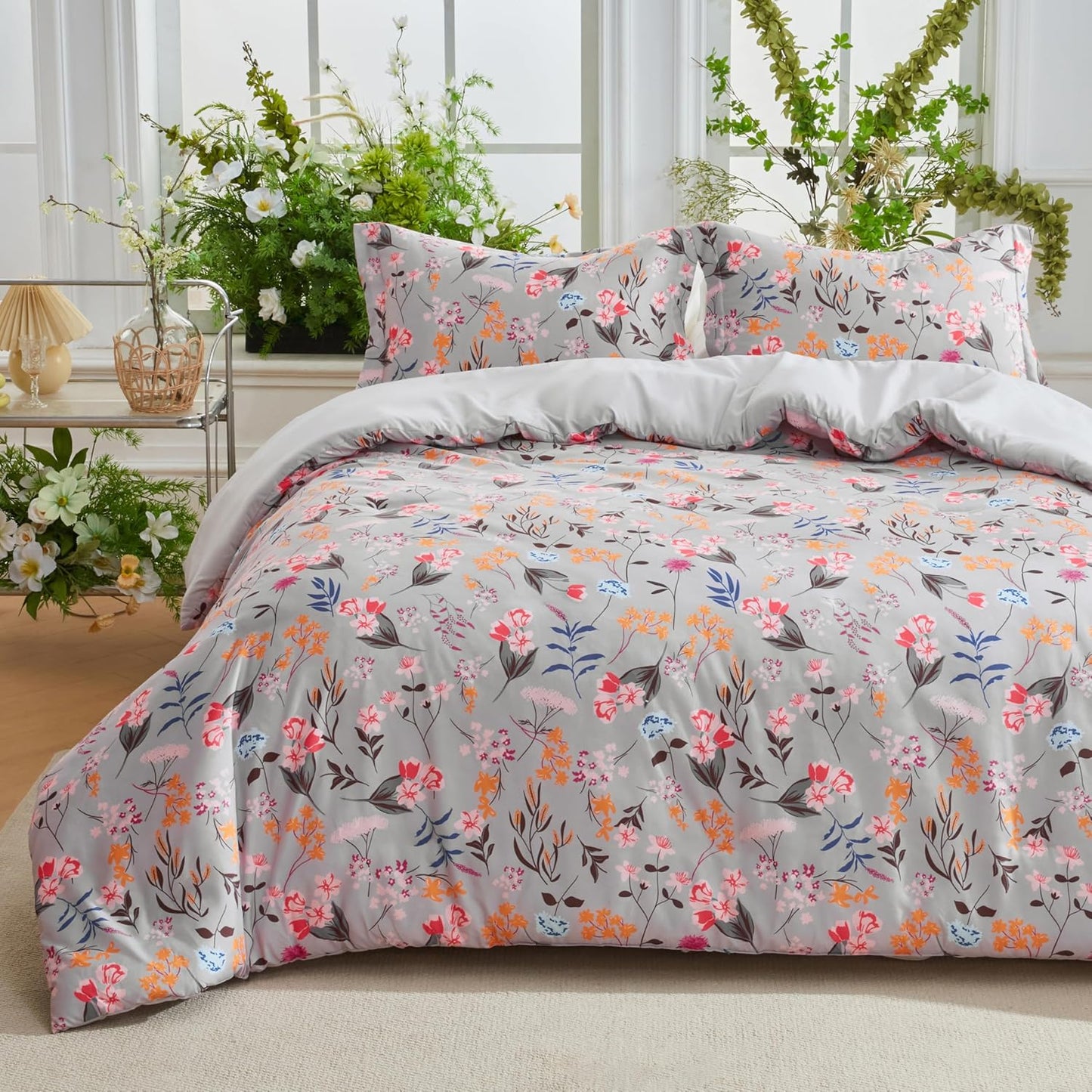 Joiedomi Queen Comforter Set Light Grey Floral Bedding Set