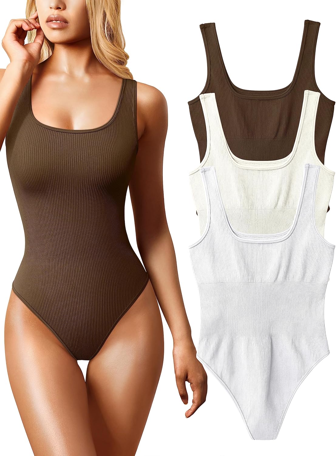 OQQ Women's 3 Piece Bodysuits Sexy Ribbed Sleeveless Tops