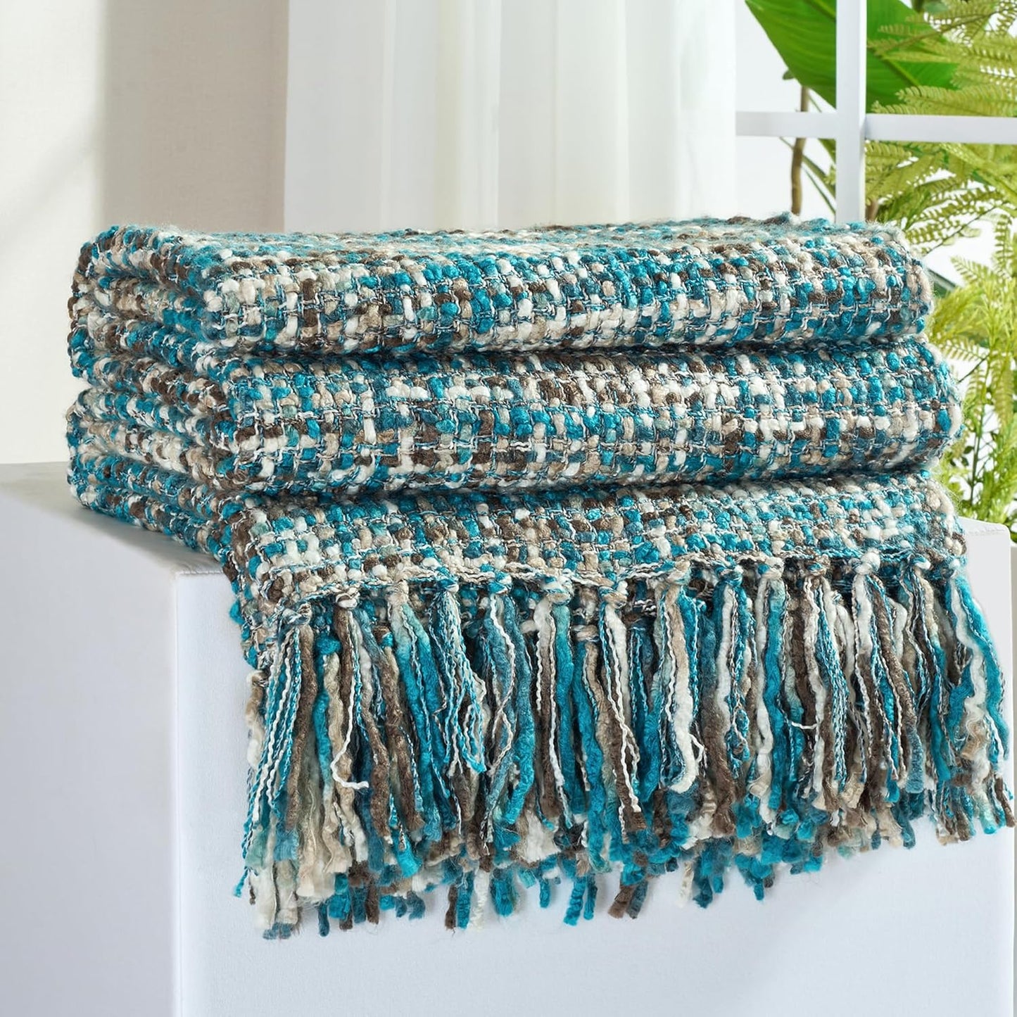 Multi-Color Teal Cable Knitted Throw Blanket for Cozy Decor