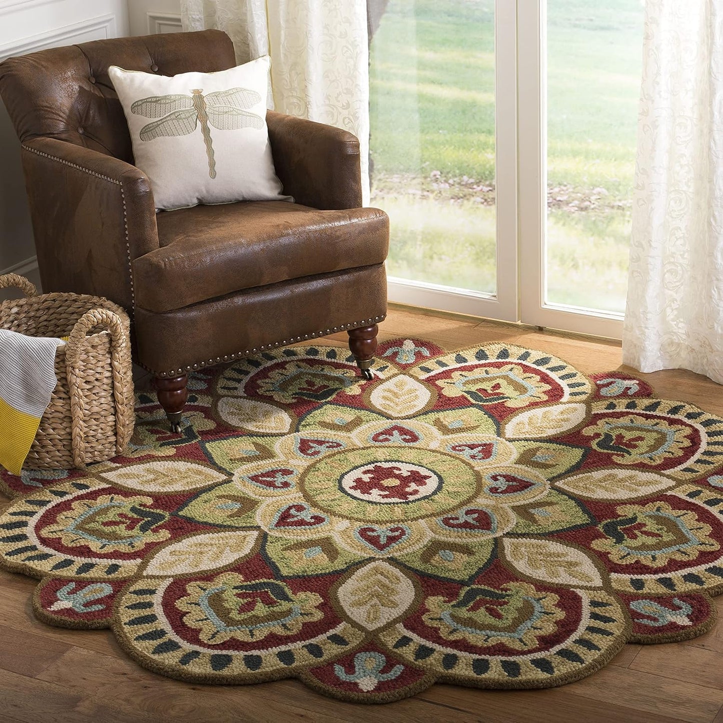 Handmade Boho Floral Area Rug - 6ft Round Red & Taupe Design