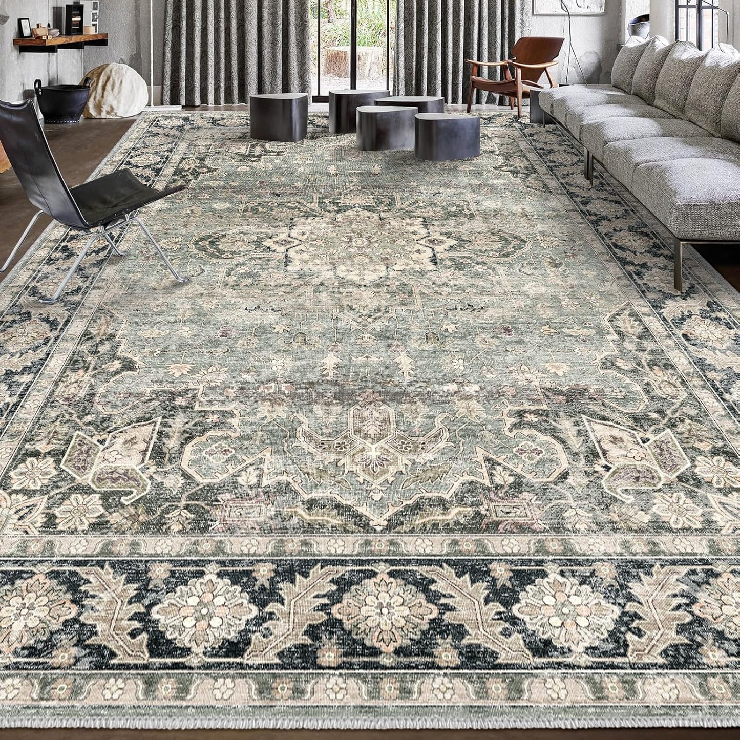 9x12 Area Rugs - Vintage Washable Low-Pile Carpet for Home