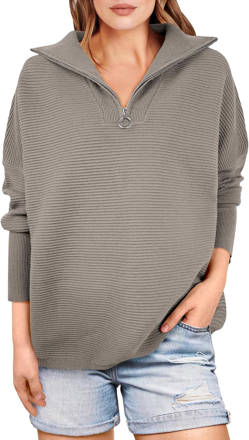 ANRABESS Women Quarter Zip Oversized Cozy Pullover Sweater