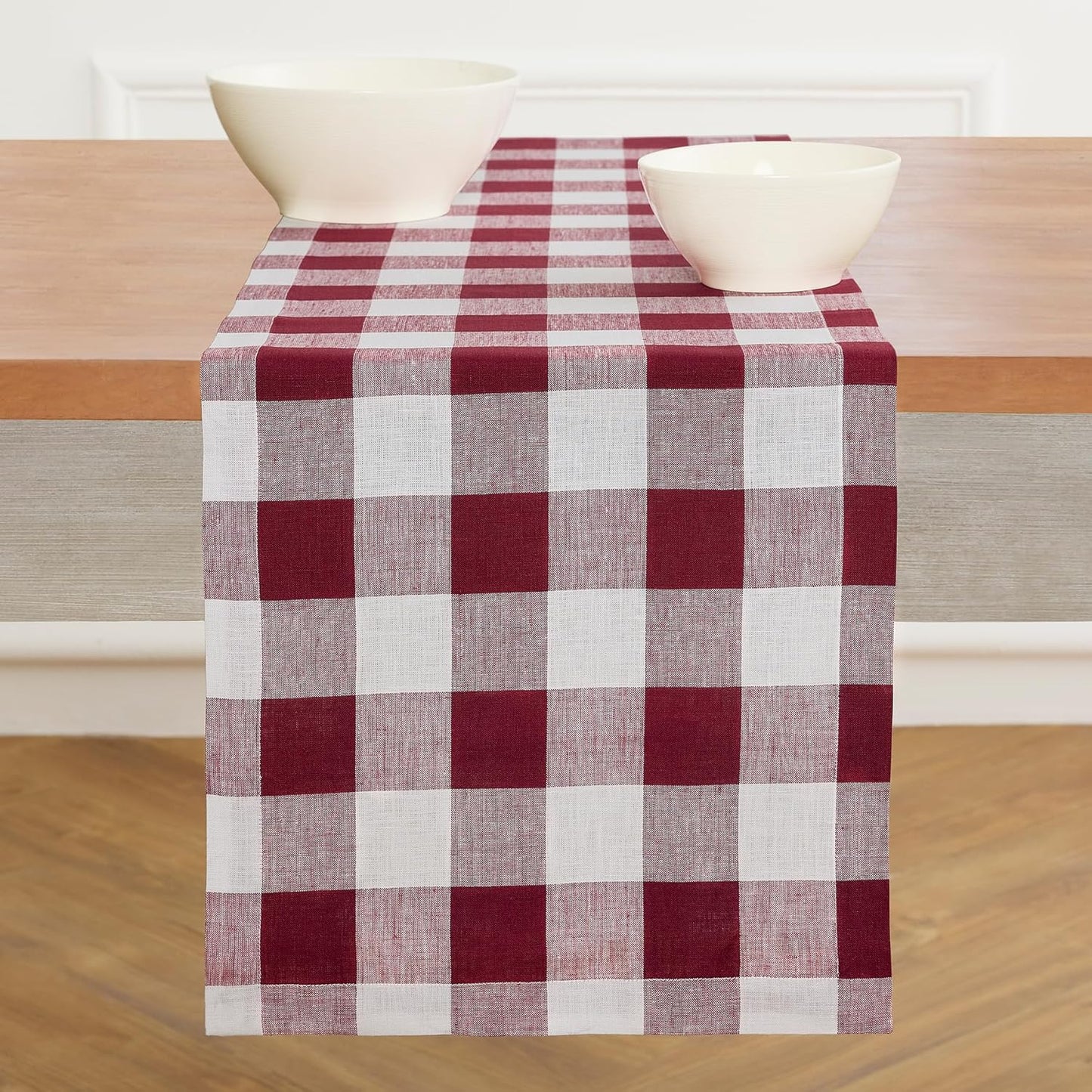 Checkered Table Runner 14 x 48 Inch in Burgundy and White