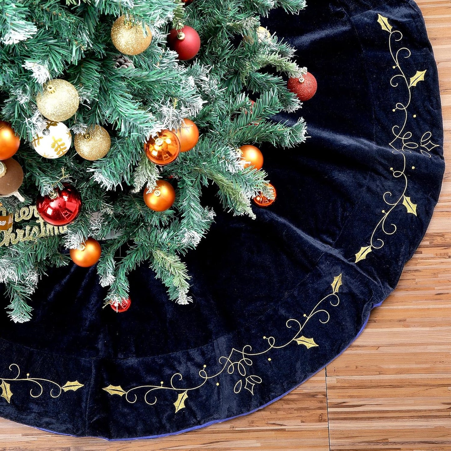 72in Extra Large Christmas Tree Skirt with Gold Embroidery