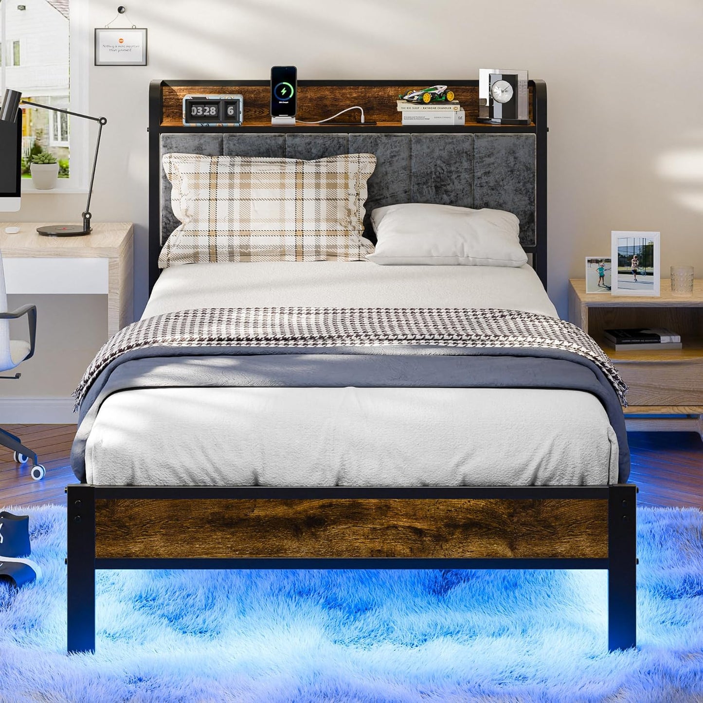 Twin Bed Frame with Smart LED Lights and USB Charging Station