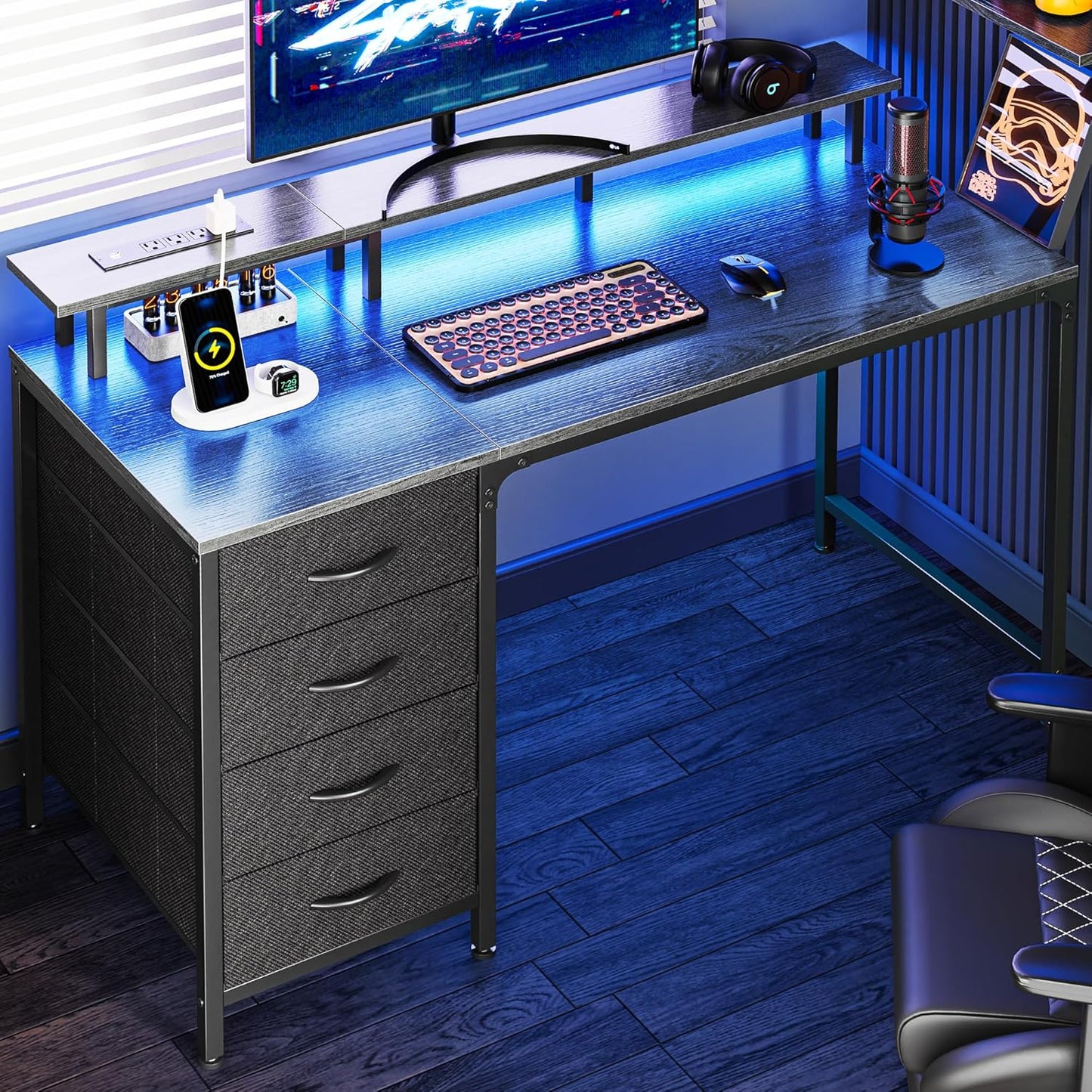Huuger 47 Inch Computer Desk with LED Lights and Power Outlets