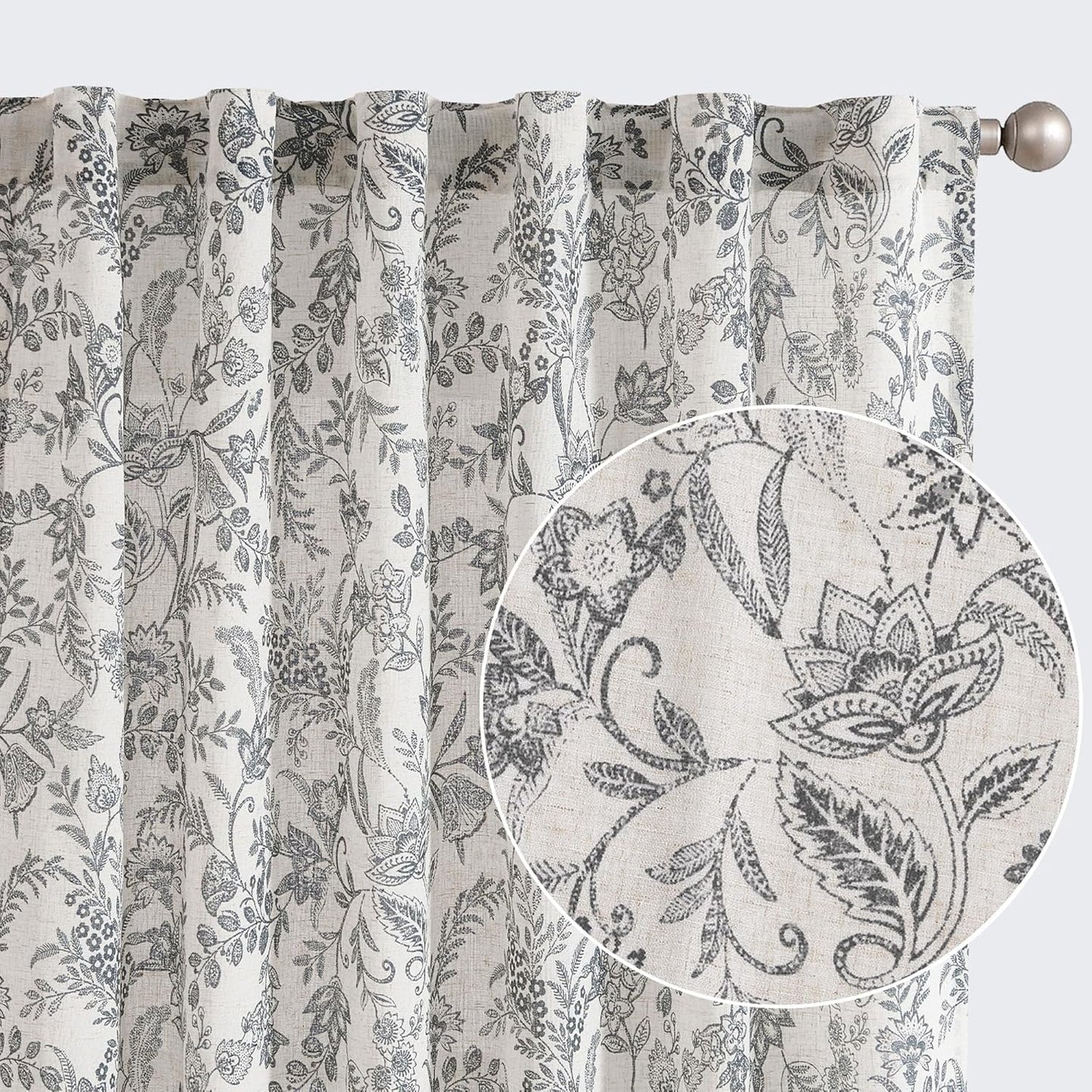 Linen Black Floral Curtains 90 Inch Length for Vintage Decor