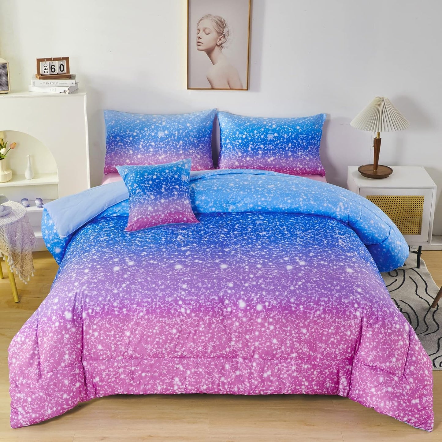 RYNGHIPY 6Pcs Sparkle Gradient Glitter Comforter Set for Kids
