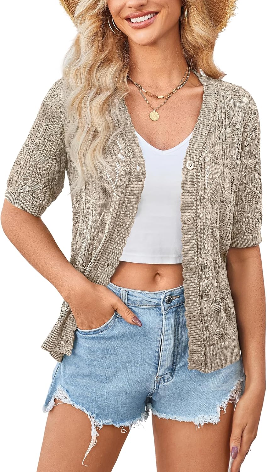 Yekaty Womens Short Sleeve Crochet Summer Cardigan for Dress