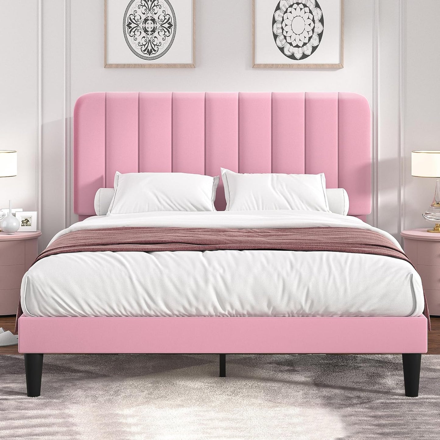 VECELO Full Size Bed Frame with Upholstered Headboard in Pink