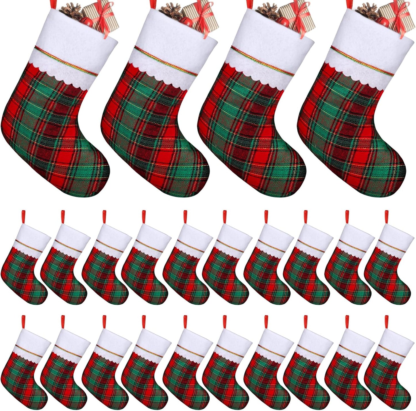 24 Pack 18 Inch Red Green Buffalo Plaid Christmas Stockings