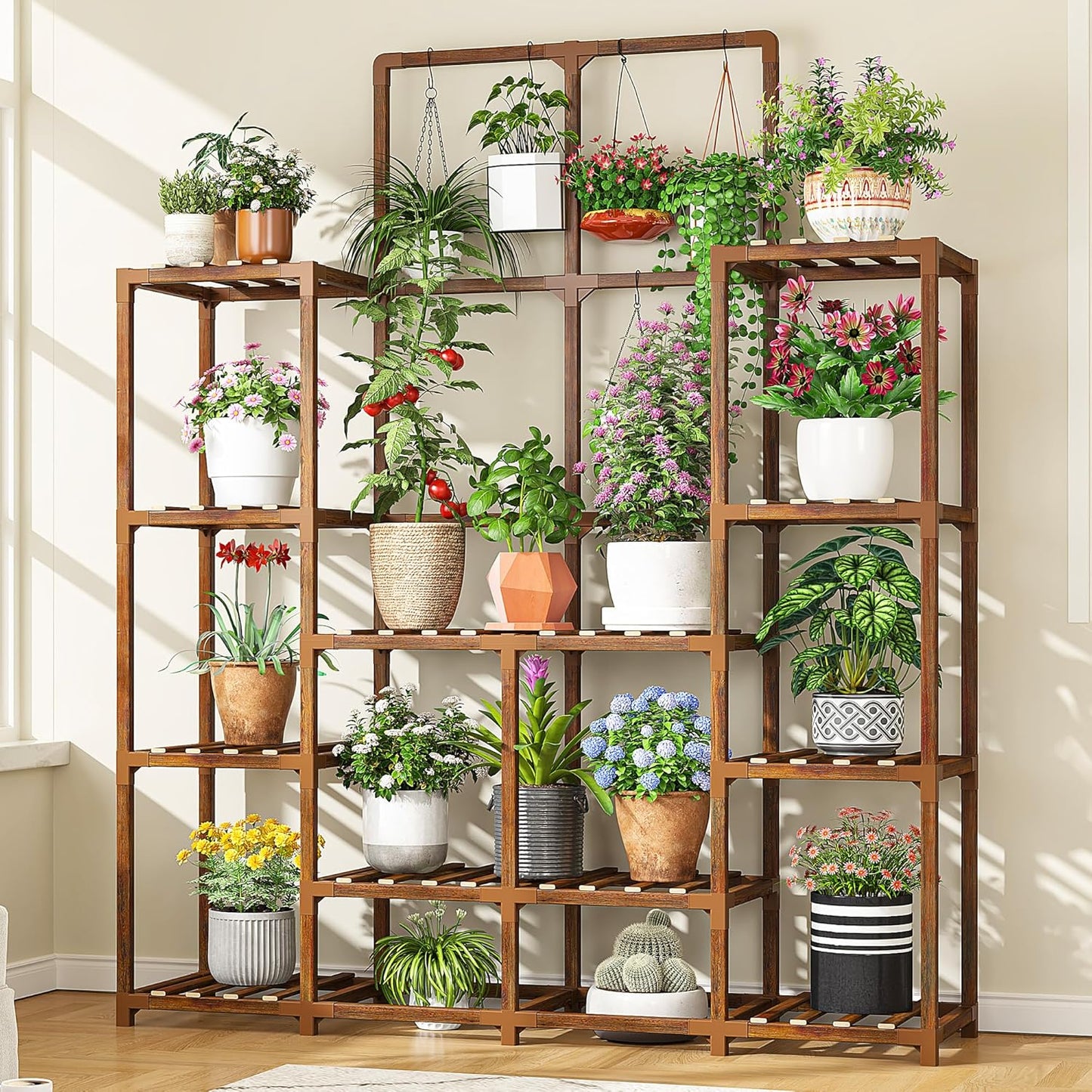 EnHomee Plant Stand Indoor Wood Plant Shelf for 16-21 Pots