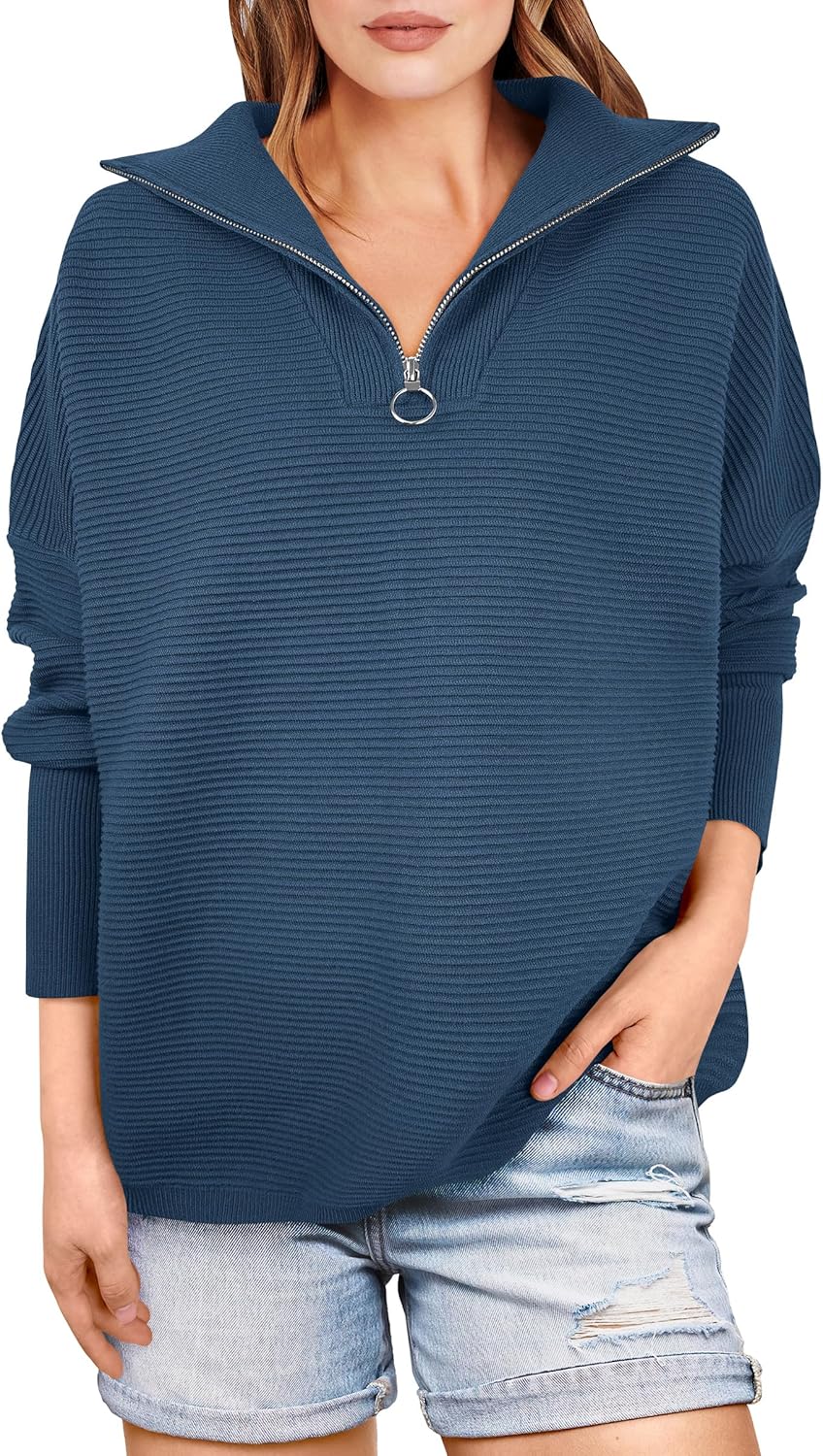 ANRABESS Women Quarter Zip Oversized Cozy Pullover Sweater