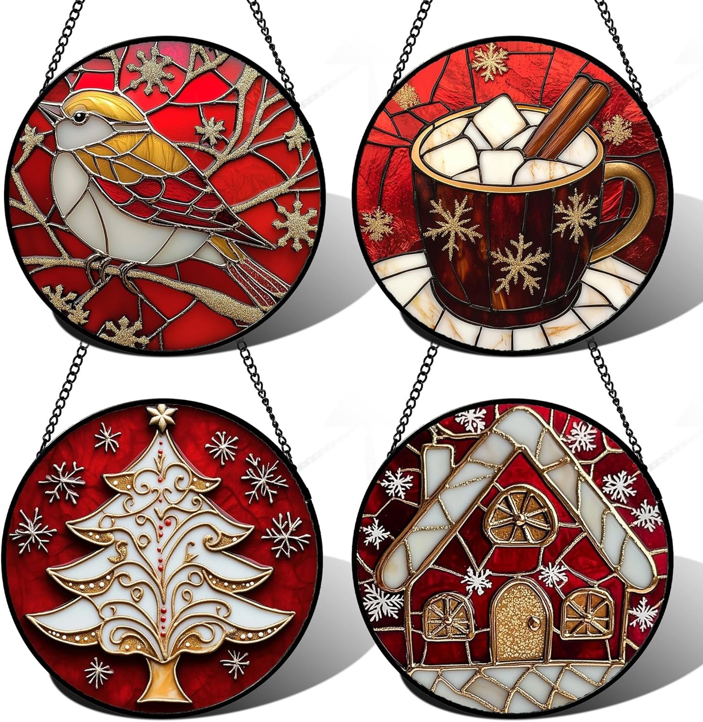 Stained Glass Window Hanging 4 Pcs Set for Christmas Decor