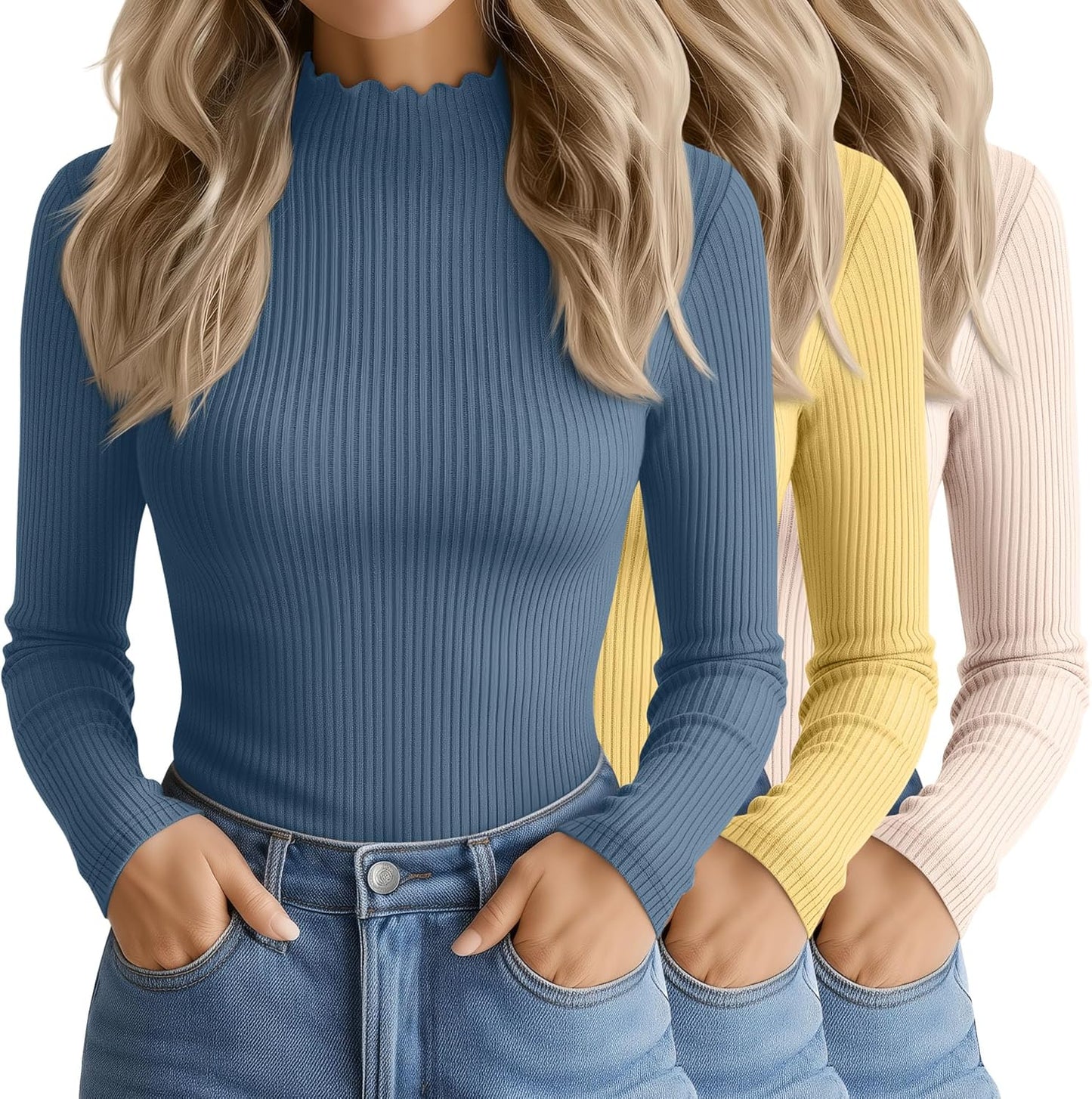 3 Pack Women's Cotton Long Sleeve Mock Turtleneck Tops