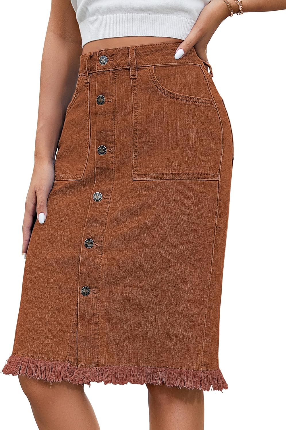 Luvamia Women's Casual Mid Rise Button Down Denim Jean Skirt