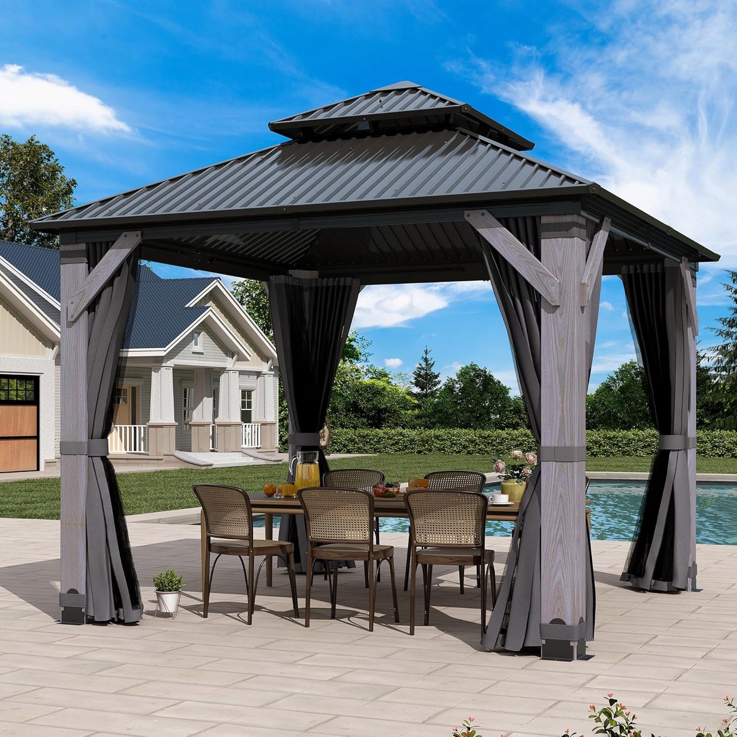 10 x10FT Wood Gazebo with Double Vented Hardtop Design