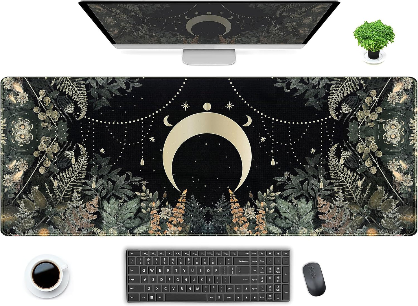 XL Green Forest Desk Mat: Whimsical Moon Design