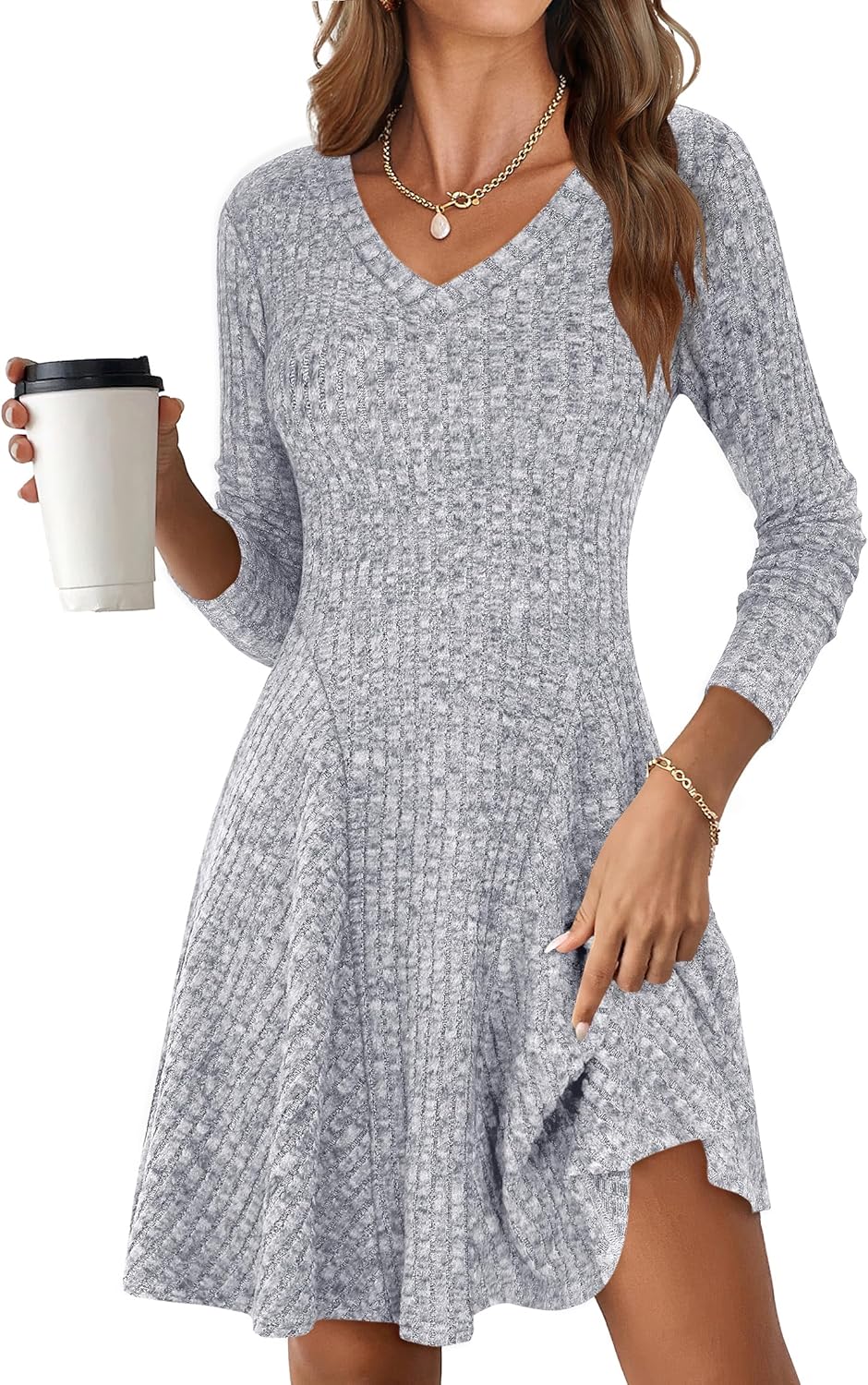 ANRABESS Women Long Sleeve Ribbed Knit Short Dress for Fall