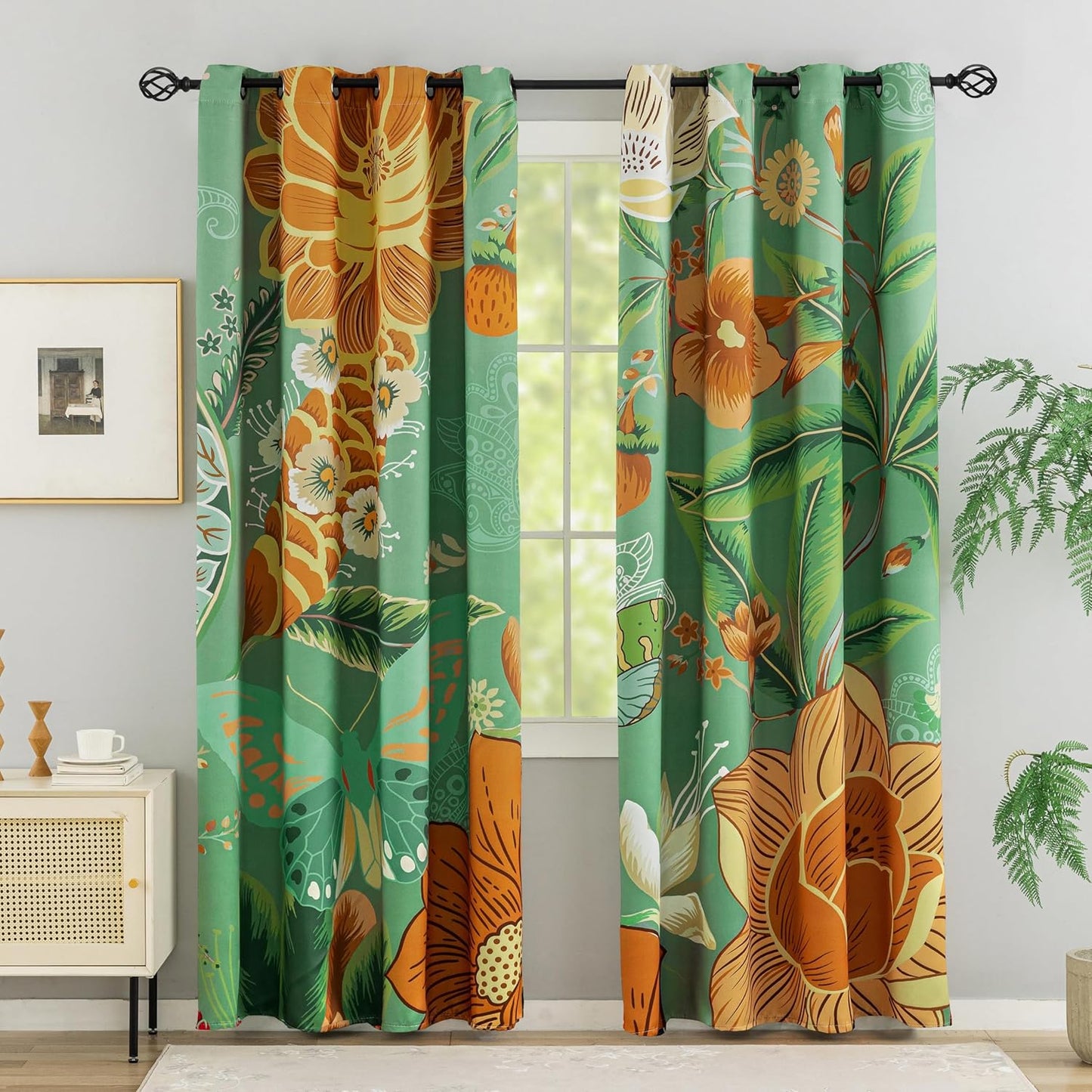 Sage Green Boho Floral Blackout Curtains for Bedroom 96 in