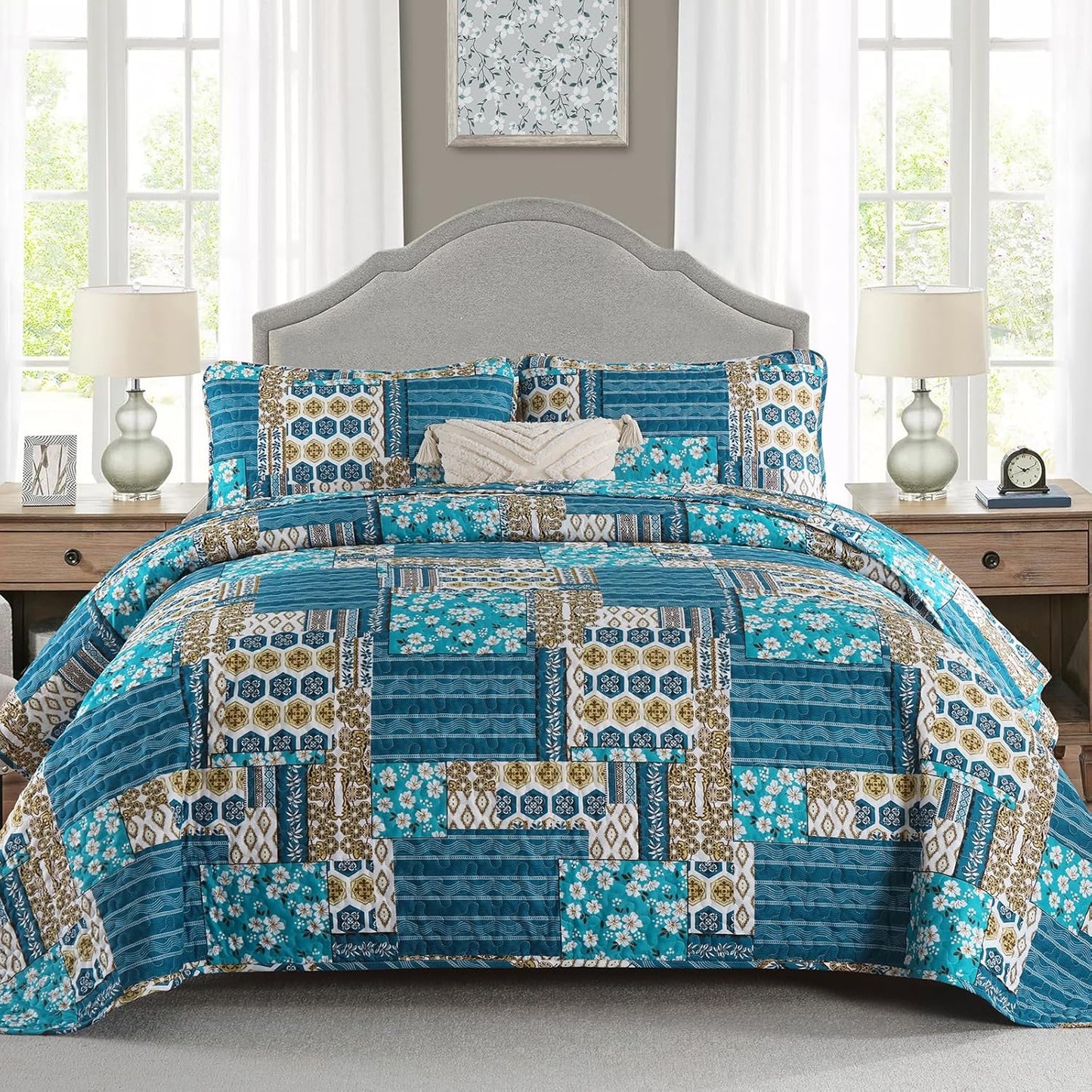Dusty Blue Quilt Set Queen Size - 3 Pieces Reversible Bedding