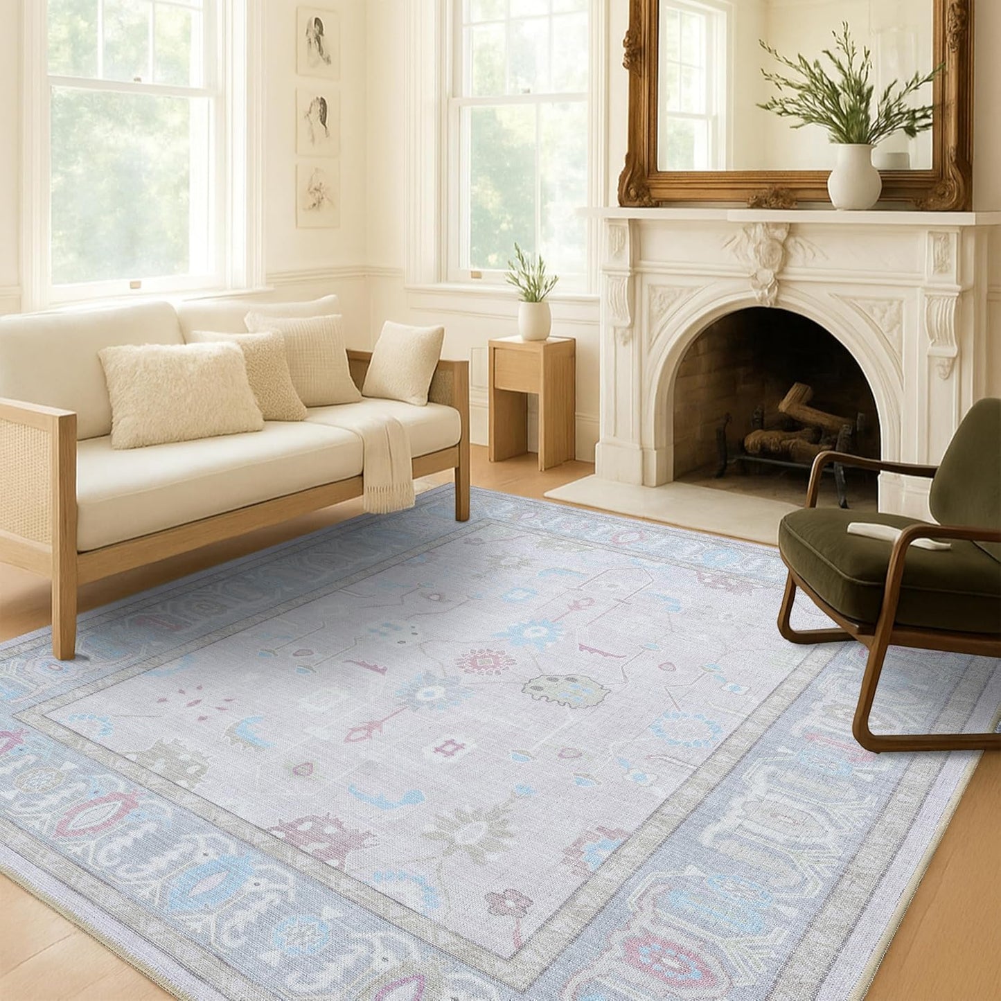 Pink Oushak Rug - Modern Vintage Floral Area Rug for Home