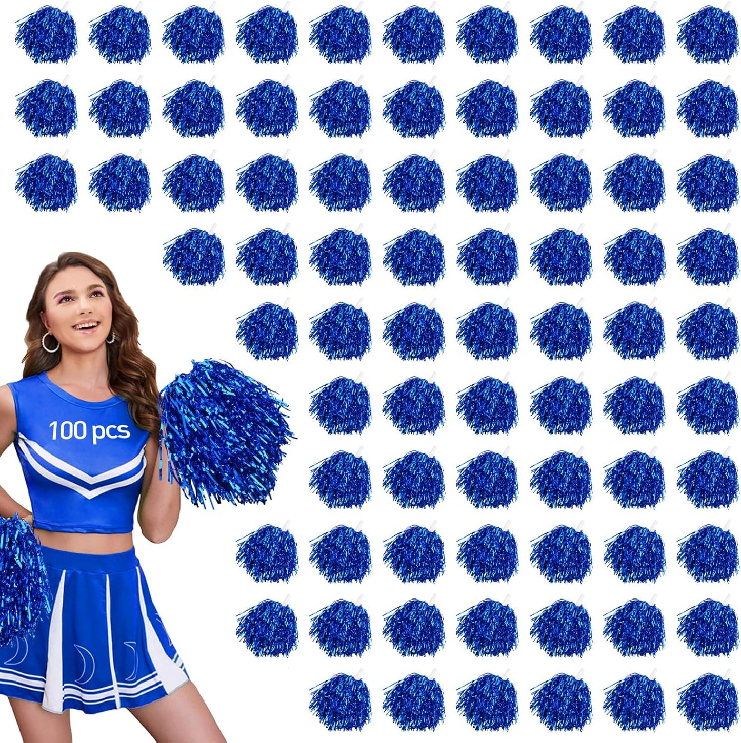100pcs Blue Metallic Cheerleader Pom Poms for Spirit Events
