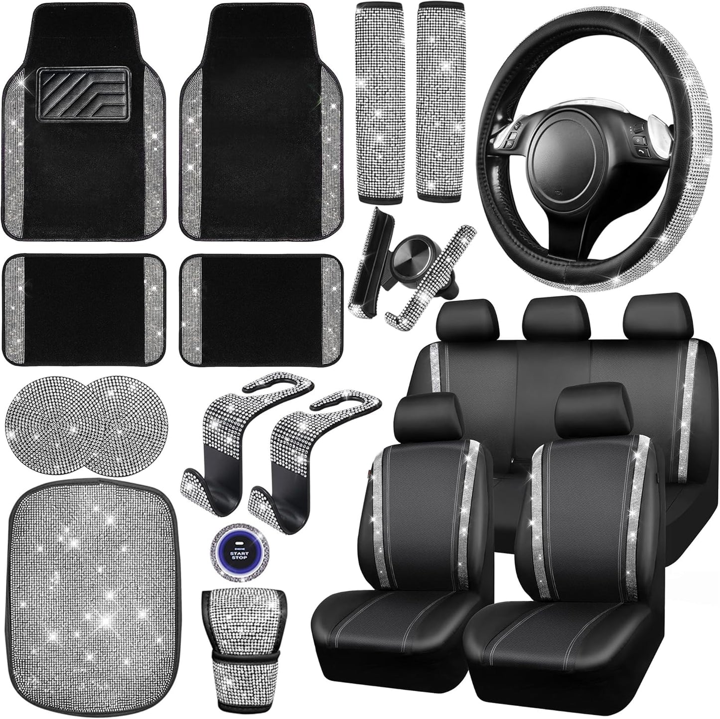 Bling Diamond Car Accessories Set for Women by CAR PASS - 23 PCS