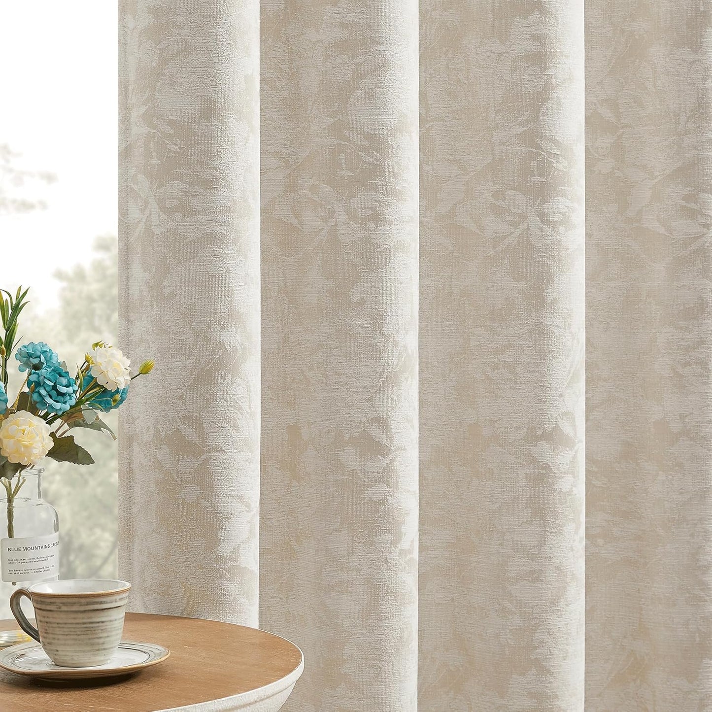Beauoop Beige Floral Jacquard Blackout Curtains for Home