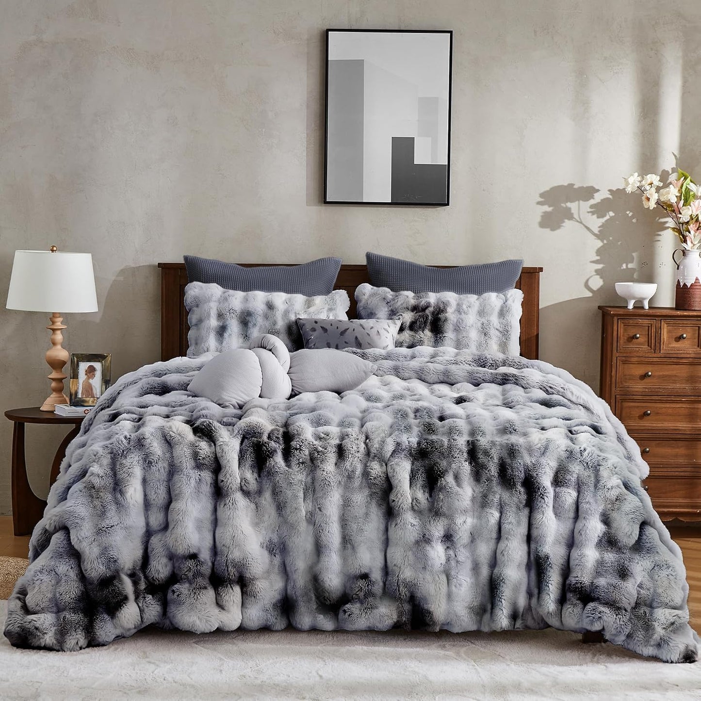 Fluffy Faux Rabbit Fur Bubble Comforter Set for King Size Bedding