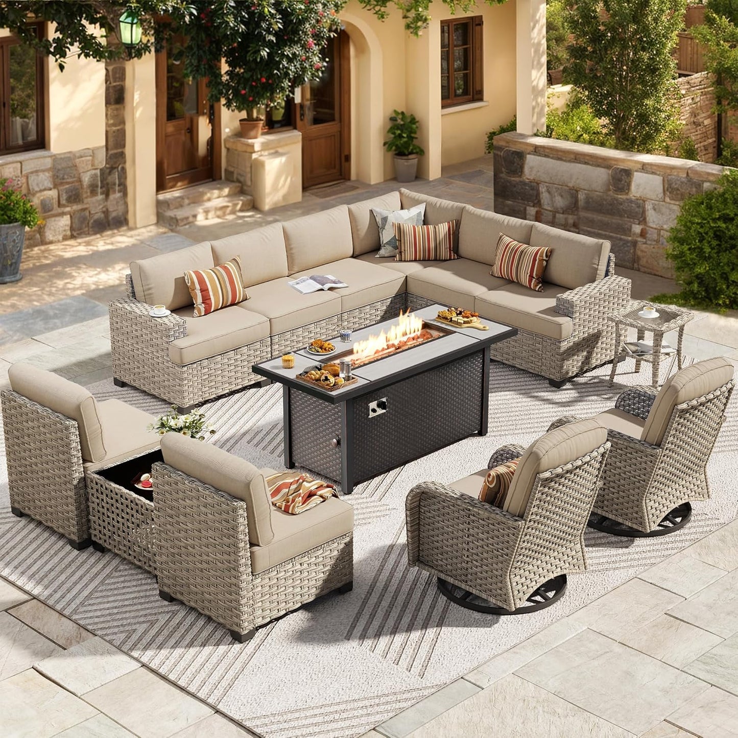 HOOOWOOO Outdoor Sectional Patio Furniture Set with Fire Pit