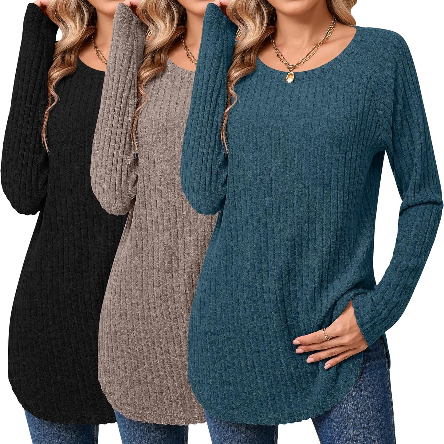 Ficerd Women's Curved Hem Long Sleeve Sweaters for Fall Style