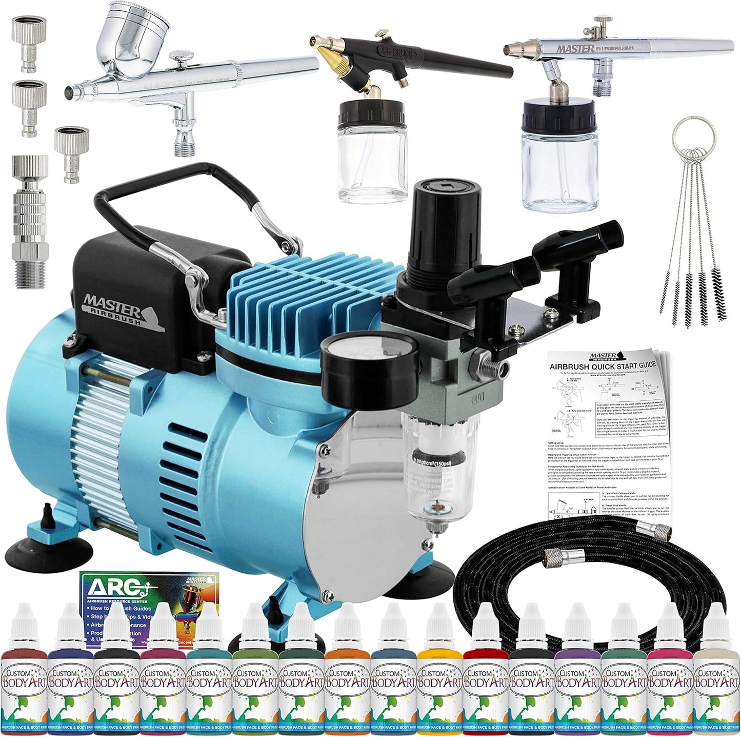 Professional Airbrush Kit - 16 Colors, 3 Airbrushes, Dual Fan Compressor
