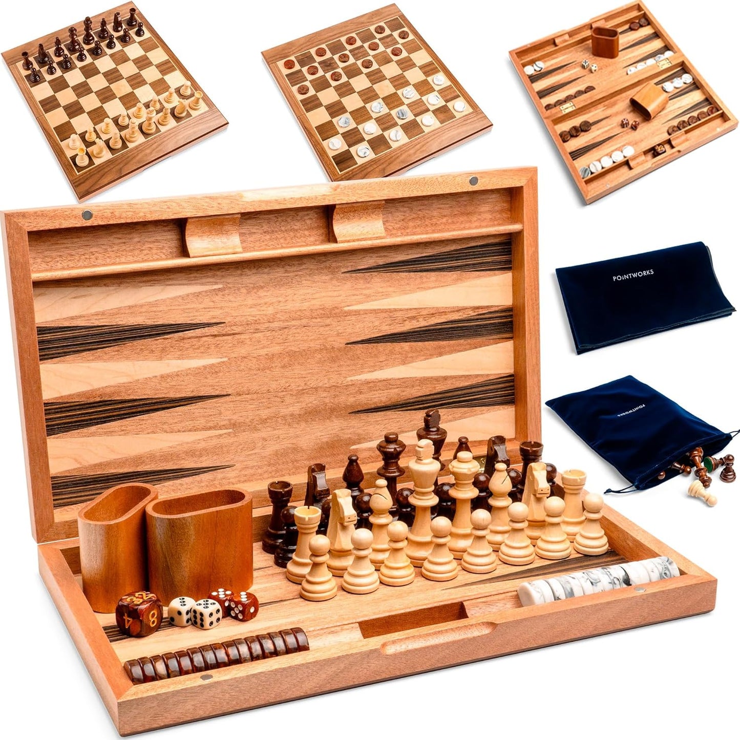 17 Inch Chess Checkers Backgammon Set for Adults - Multi Game Fun